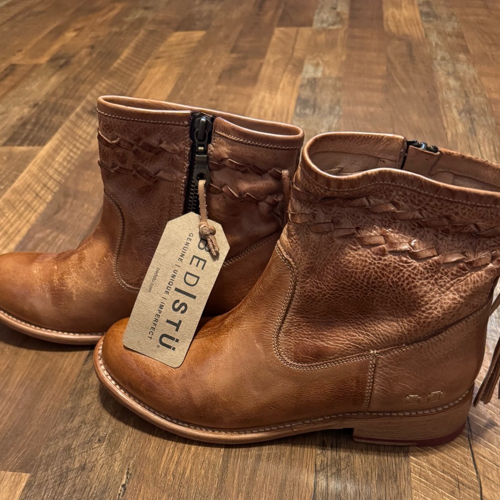 BED|STU Tan Leather Ankle Boots with Woven Detail - Picture 4 of 7